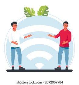 Un hombre se para al lado de un gran letrero de wi-fi. Ilustración vectorial, conexión inalámbrica pública gratuita, hotspot inalámbrico inalámbrico, Para interfaz de usuario móvil, transmisión de datos digitales a través de canales de radio