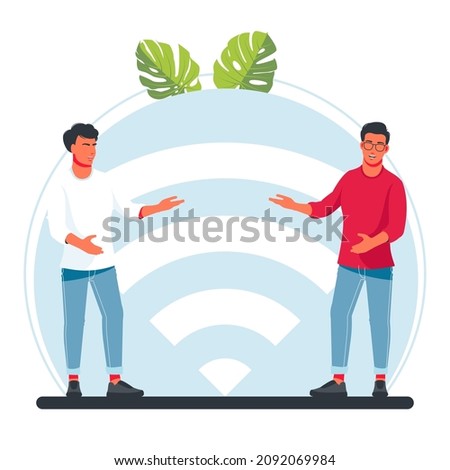 A men stands next to a large wi-fi sign. Vector illustration, public free wireless connection, wireless wifi hotspot, For mobile user interface, digital data streaming over radio channels
