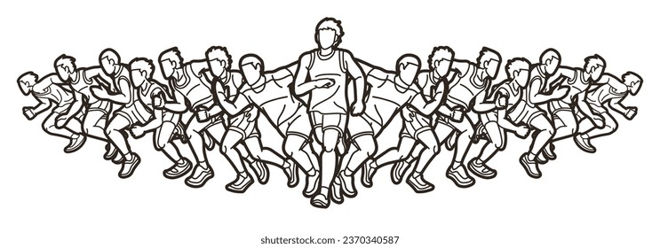 Men Start Running Together Marathon Runner Action Cartoon Sport Graphic Vector