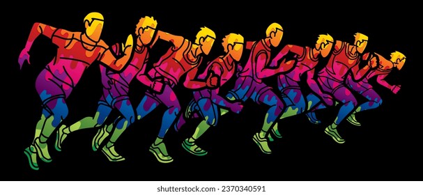 Men Start Running Together Marathon Runner Action Cartoon Sport Graphic Vector