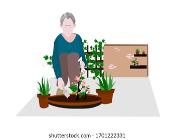 Men stay at home and plant trees. Vector people illustration on isolate white background. Cartoon character person flat design .Garden pots and ivy Cement Wall.
