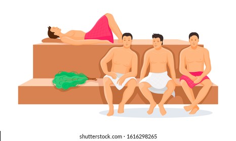 Men In A Steam Room, With Towels Brooms. Group People Men Together Relaxing In The Wood Sauna. Sauna Spa Wellness Water Procedure Cartoon Vector Illustration. Healthy Lifestyle Concept