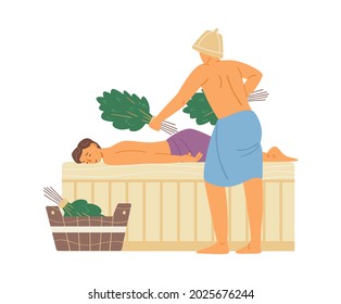 Men Steaming In Steam Bath Or Sauna With Broom, Flat Vector Illustration Isolated On White Background. Relaxation And Body Washing In Steam Room Of Wellness Club.