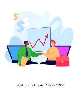 Men sticking out from computer screens and shaking hands. Laptop, graph, handshake. Business concept. Vector illustration for topics like agreement, deal, cooperation
