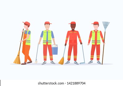 men street cleaners in uniform holding different tools diverse male workers standing together cleaning service concept flat full length white background horizontal vector illustration