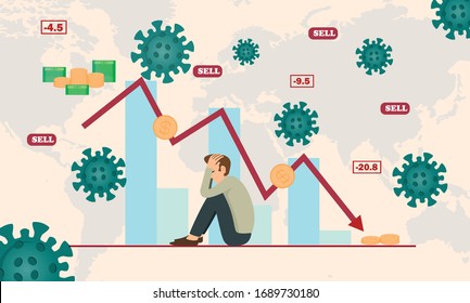 Men are stressed because global stock markets fall from spreading the coronavirus. Negative stock trading and coronavirus. Economic crisis and recession during a pandemic or epidemic. 