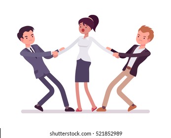 Men struggling for a woman testing strength, tugging her, pulling on opposite ends of her hands. Cartoon vector flat-style concept illustration