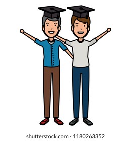 men students celebrating with hat graduation