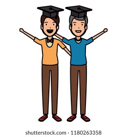 men students celebrating with hat graduation