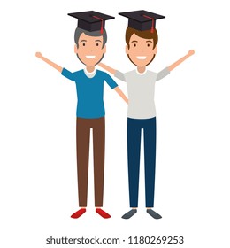 men students celebrating with hat graduation