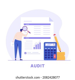 Men study the financial statement. Concept of financial report, digital accounting, audit and financial research, accounting report. Vector illustration in flat design