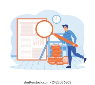 Men study the financial statement. Financial report, digital accounting, audit and financial research.  flat vector modern illustration 