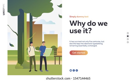 Men studying map in the street. Location, way finding flat vector illustration. Navigation concept for banner, website design, landing web page