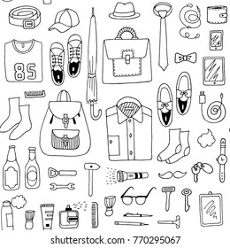 Men stuff seamless pattern. Fashion items. Bag, shoes, t shirt, cellphone, beer, cosmetic, clothes, tablet, watch, hat, backpack. Hand drawn vector black and white illustration. Cartoon doodle.