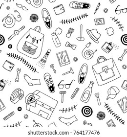 Men stuff:bag,shoes,shirt,cellphone,beer,glasses,cosmetic,tablet,watch,backpack.Man seamless pattern.Hand drawn vector black and white illustrations.Cartoon doodle.Background,wallpaper.