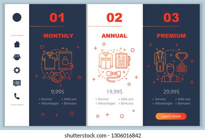 Men style consulatant services prices onboarding mobile app screens template. Walkthrough website pages. Gentlemen club. Shopping discounts. Tariff plans steps. Smartphone payment web page layout
