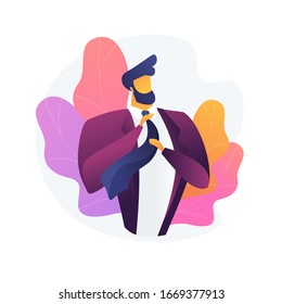 Men style and fashion. Male clothes, elegant apparel, stylish accessories. Handsome man wearing luxury jacket. Bearded macho fixing tie. Vector isolated concept metaphor illustration