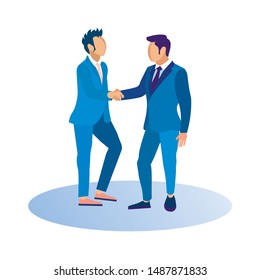 Men in Stylish Business Suits and Shoes Shake Hands Each Other on White Background. Coworking Center. Vector Illustration. Workflow in Office. Communicate in Office. Business Meeting.