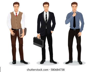 Men in stylish clothes. Set of businessmen. Detailed male characters. Vector illustration