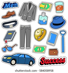 Men Success Accessories and Clothes Set for Stickers, Patches and Badges. Vector doodle