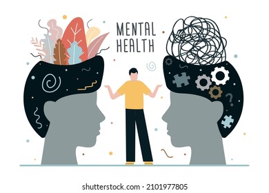 Men suffering from depression and with stable mental health. Сoncept of caring and treating mental well-being. Male head with psychological problems and emotional stability. Flat vector illustration