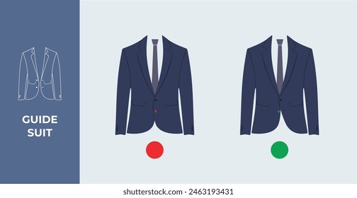 Men suit guide. Correct button your suits, jackets, blazer, tuxedo. Color flat vector illustration. Isolated. Business suits. Gentlemen’s outfit.