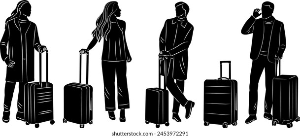 men with suitcases, business trip silhouette on white background vector