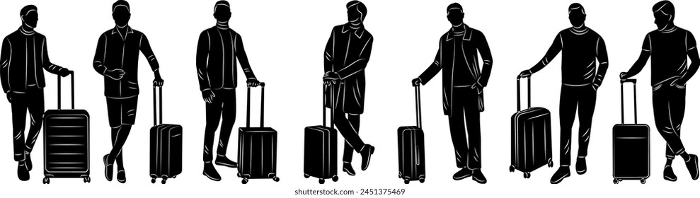 men with suitcases silhouette on white background vector