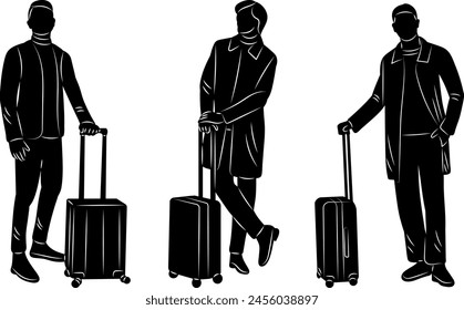 men with suitcases silhouette on white background vector