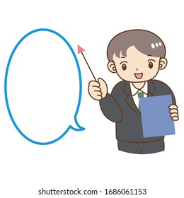 Men in suits giving explanations with balloons