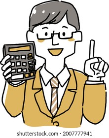 Men in suits holding a calculator