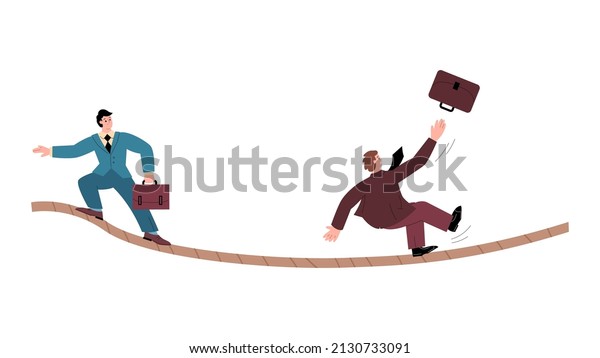Men in suits walking on rope as\
symbol of business challenges and failures, flat vector\
illustration isolated on white. Character falling from\
tightrope.