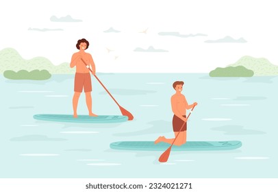 Men sup boarding on lake. Guy stands with paddle on board, male on his knees rides board on water. Bushes on background, clouds. Summer active weekend, vector illustration with people on landscape