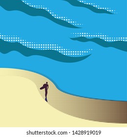men with surf go on the beach near the ocean. Vector flat illustration summer and lifestyle concept for ui, ux or web page
