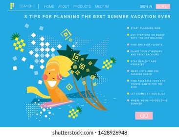 men with surf, palms, waywes and pinapples. Vector flat illustration summer concept for ui, ux or web page