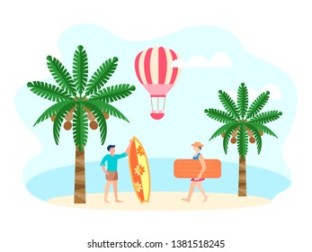 Men with surfboard and air mattress on the ocean. Vector illustration of the concept of travel and adventure in exotic countries.