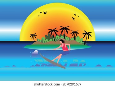 Männer, die in den Wellen surfen mit Inselhintergrund, flache Vektorgrafik