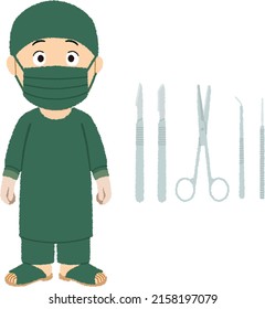 Men in surgical gowns working in hospitals and surgical tools