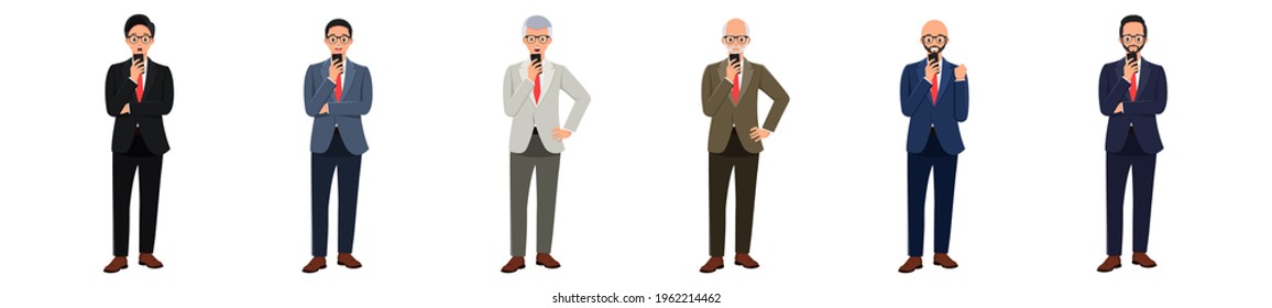 Men are surprised, happy, angry, smiling, cackling and sad. Bearded, and without a beard. staring at the cell phone screen. with body movements. vector illustrations in a bundle set.