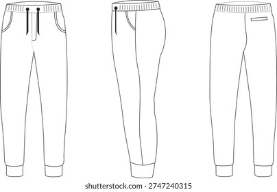 Men sweatpants outline template in front, side, and back view. Athletic jogger design with elastic waistband and cuff detail. Clean line art vector illustration for fashion catalog and sportswear bran