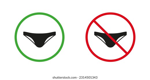 Los hombres nadan con señales de advertencia rojas y verdes. El Verano Baño Masculino Pone En Juego Iconos De Silhouette. Se permite y se prohíbe la entrada en símbolo circular de traje de baño. Señal de zona de playa desnuda. Ilustración de vectores aislados.