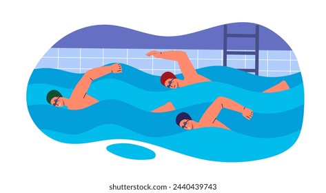 Hombres en competición de natación. Hombres en la piscina. Estilo de vida activo y deportes, nadadores. Torneo y campeonato en el interior. Ilustración plana del vector de la historieta aislada sobre fondo blanco