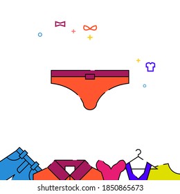 Los hombres bañan baúles llenan la línea icono vector, ilustración simple, prendas de vestir, vestidos con la ropa relacionada con el borde inferior.