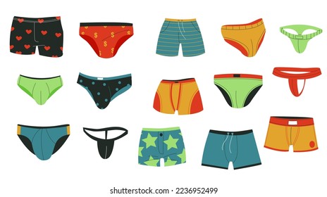 Men swimming underpants. Male swimsuit garment colorful underwear, cartoon flat boxer trunk shorts everyday brief clothing. Vector isolated set. Comfortable casual everyday underclothes svg