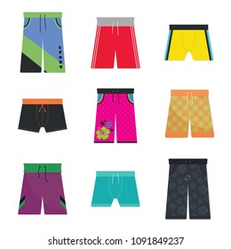 Men swimsuit vectors. Coroful shorts, swimwear for men,  Set of masculine fashion swim short pants, sportwear, isolated vectors