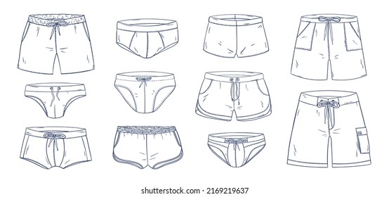 Men Swimwear Doodle Collection. Man Swimsuit Doodle Set. Mens Underwear, Underpants, Boxers, Shorts, Swimming Trunks Sketches. Summer Vacation Male Clothes. Swimwear Male Fashion.