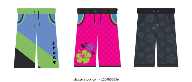 Men swimwear, modern fashion clothing for summer holidays, boys swimsuit vectors, isolated icons.