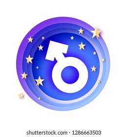 Men Symbol paper cut style. Male Sign. Golden star on blue sky. Gender concept. Circle layered tonnel frame