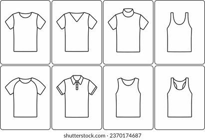 Men t shirt, turtleneck, tank top, singlet. Clothes line icon. Linear symbol. Outline sign. Editable stroke. Vector illustration.