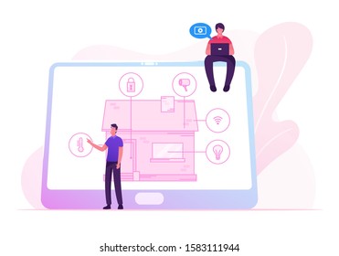 Men with Tablet App for Smart House Technology System with Centralized Control of Lighting, Heating, Ventilation and Air Conditioning, Security and Video Surveillance. Cartoon Flat Vector Illustration
